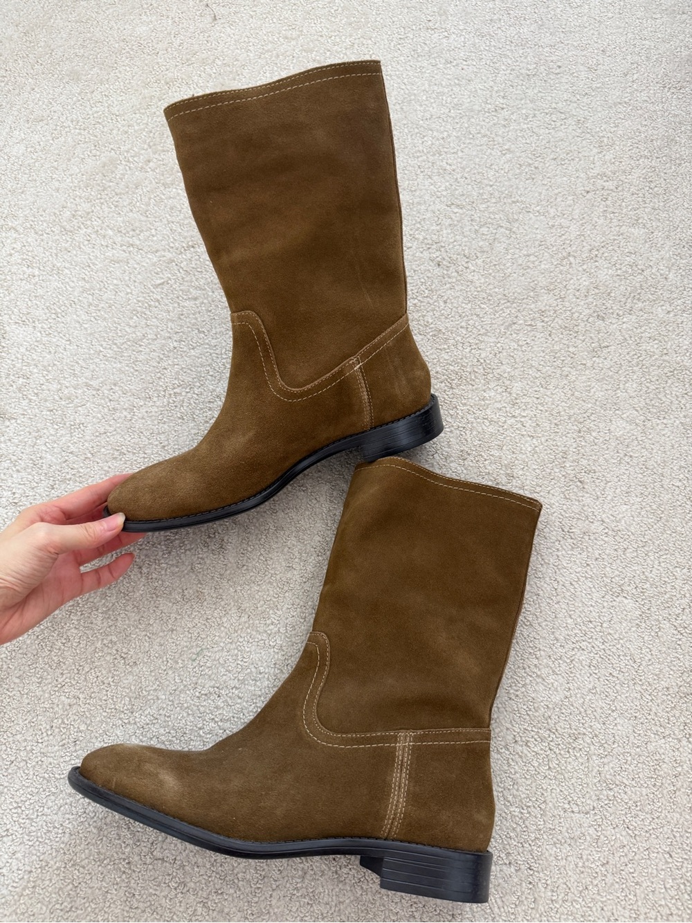 Zara Classic Mid-Calf Suede Boots in Olive Brown